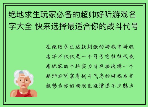 绝地求生玩家必备的超帅好听游戏名字大全 快来选择最适合你的战斗代号